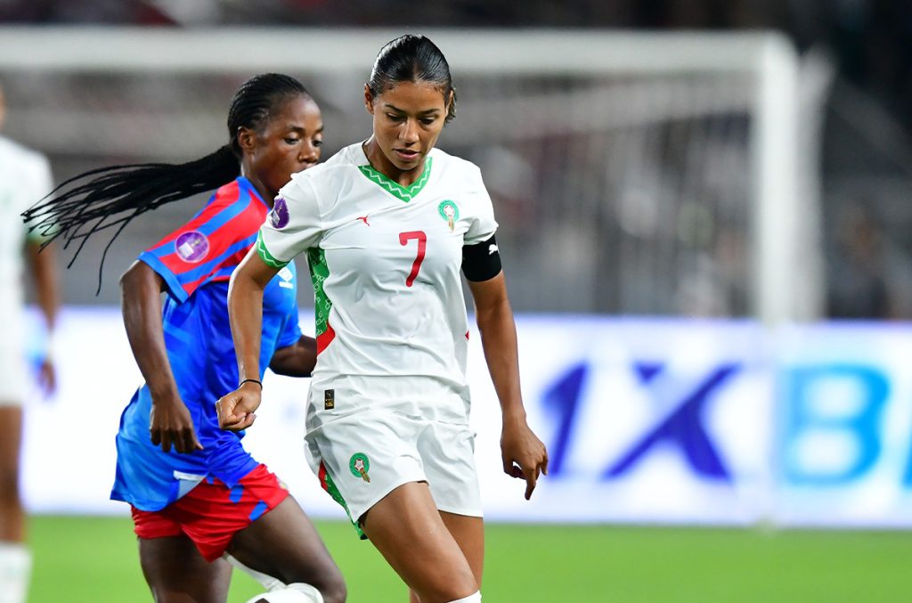 Ghizlane Chebbak celebrando uno de sus goles en la victoria de Marruecos frente a RD Congo en la CAN Femenina 2024.